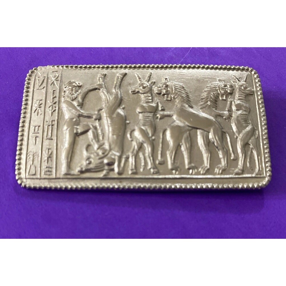 Vintage Mesopotamian Revival Wallbank Co Silver Tone Plaque Brooch Pin